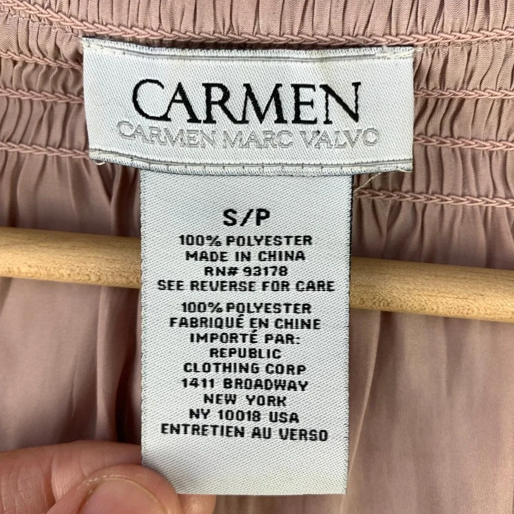 Carmen Marc Valvo Blouse Women S Pink Satin Smocked Ruffle V-Neck Peasant Top - Picture 4 of 9